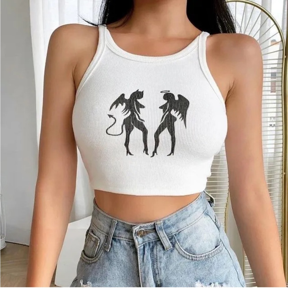 Women's Sleeveless Angel and Devil Going Out Crop Top - Picture 3 of 3